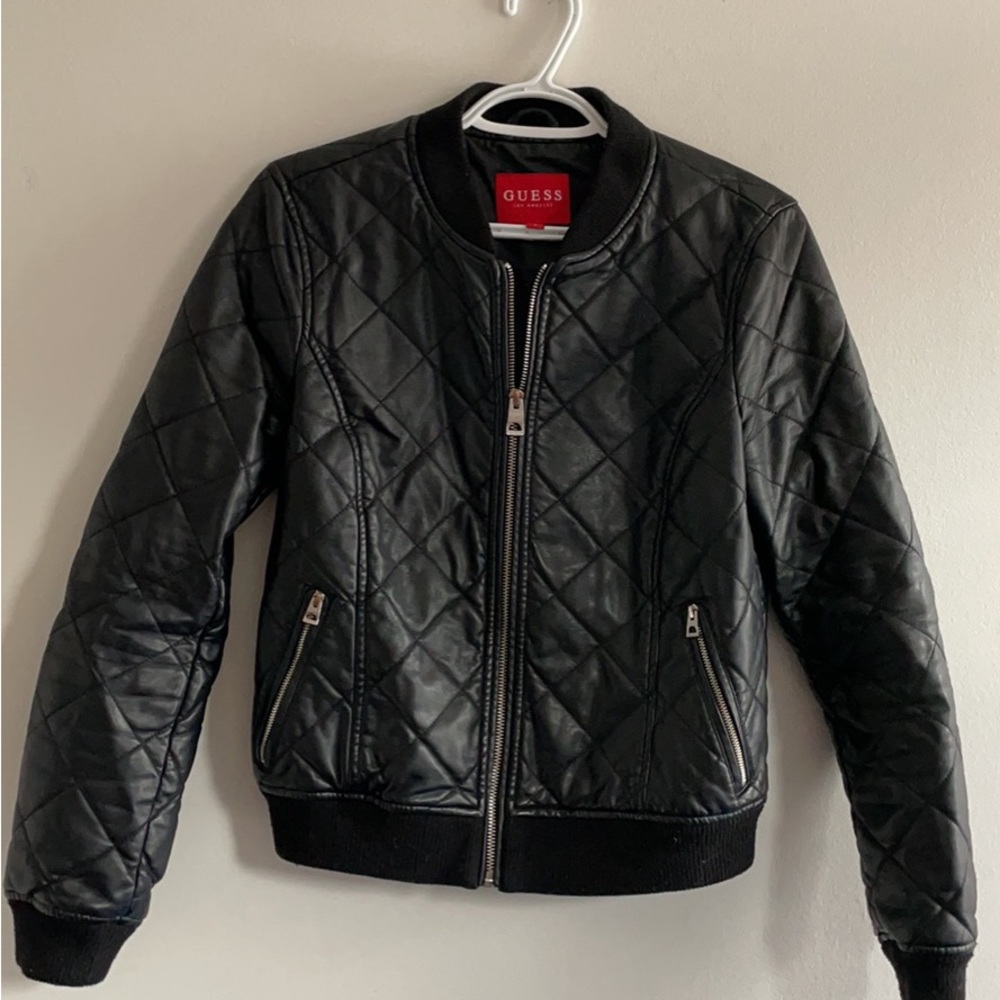 Guess Black Leather Bomber Jacket